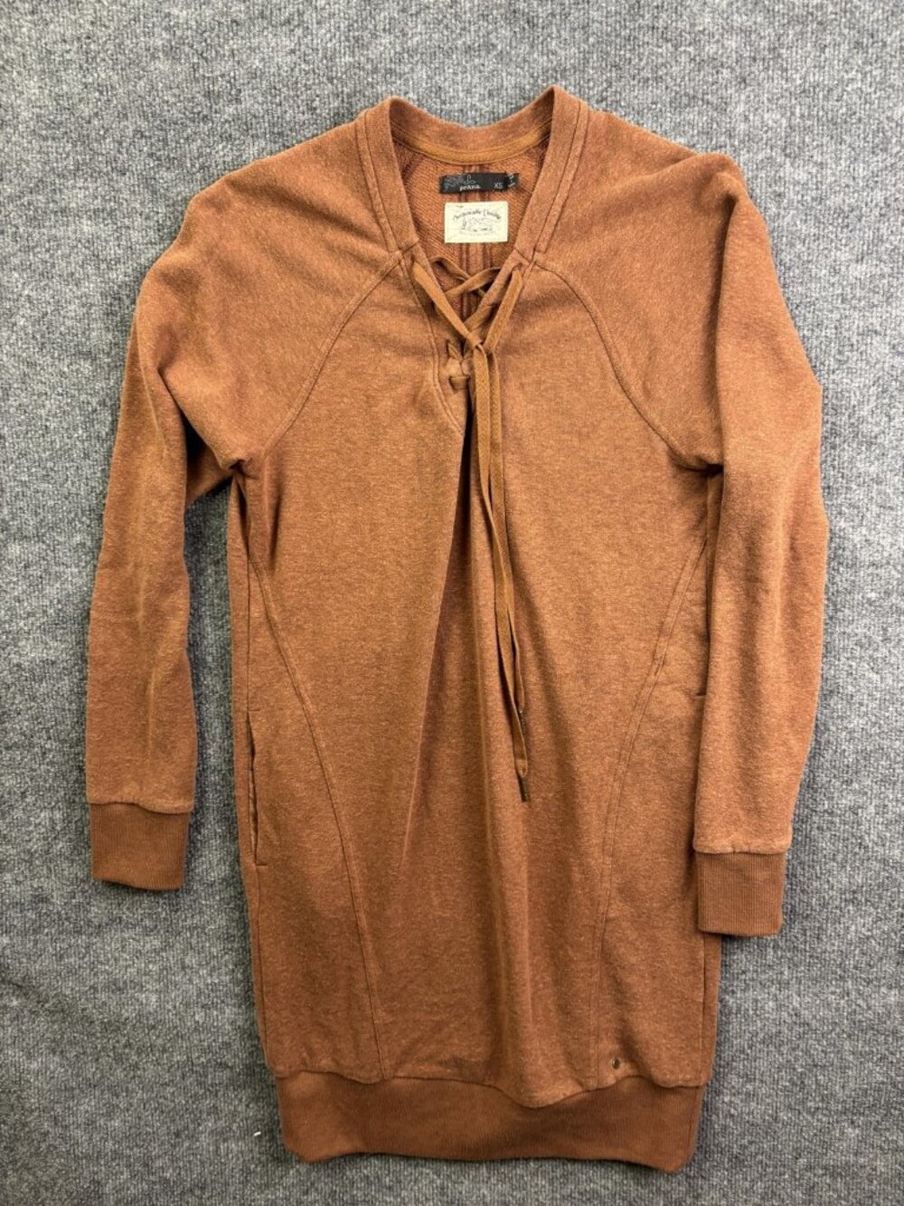 PrAna Dress Womens XS Brown French Terry Sweater Tunic V Neck Lace Up Pockets